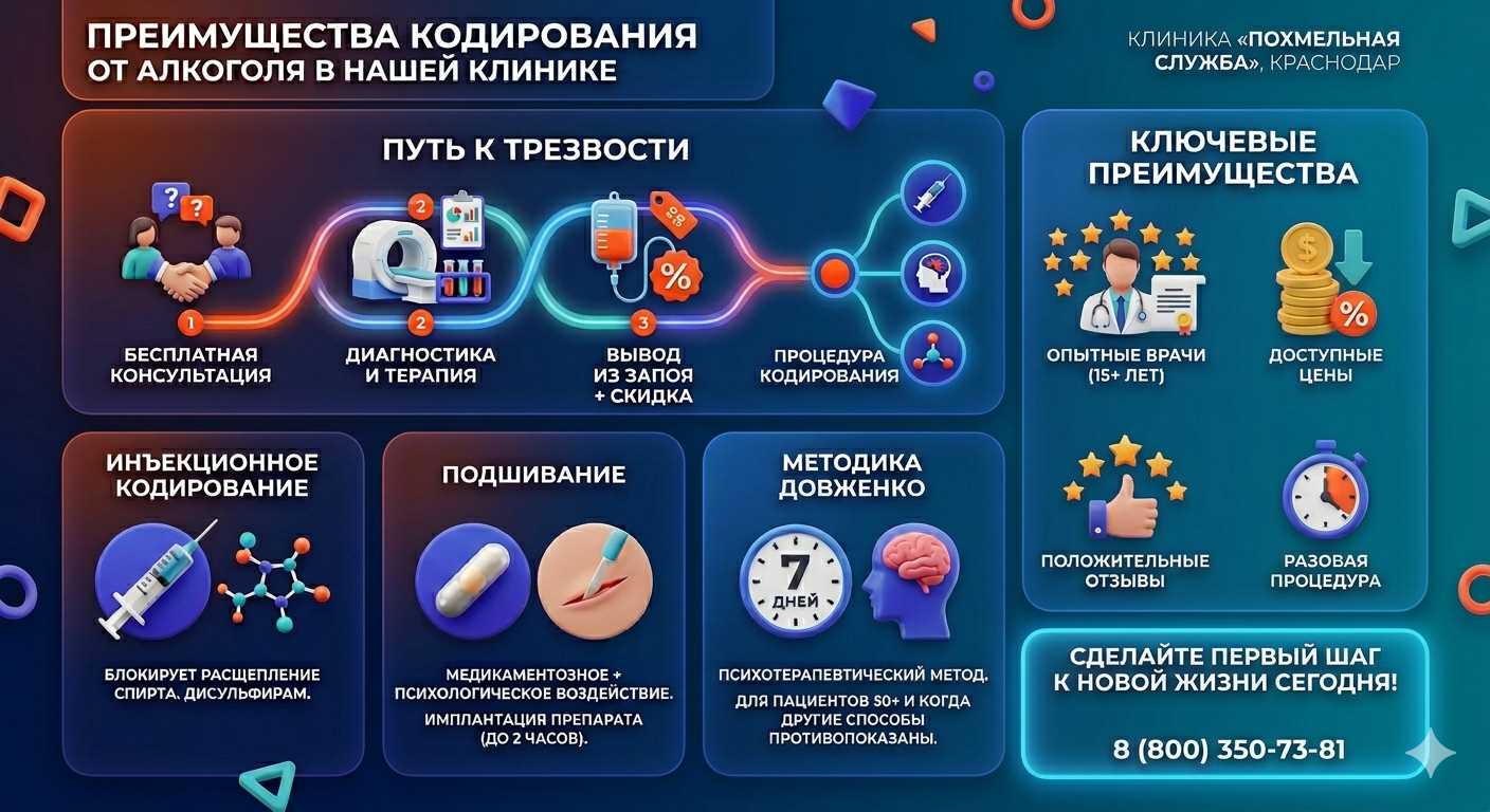 Инфографика о методах кодирования от алкоголя в Губахе: инъекции, подшивание, метод Довженко. Преимущества клиники и этапы лечения.