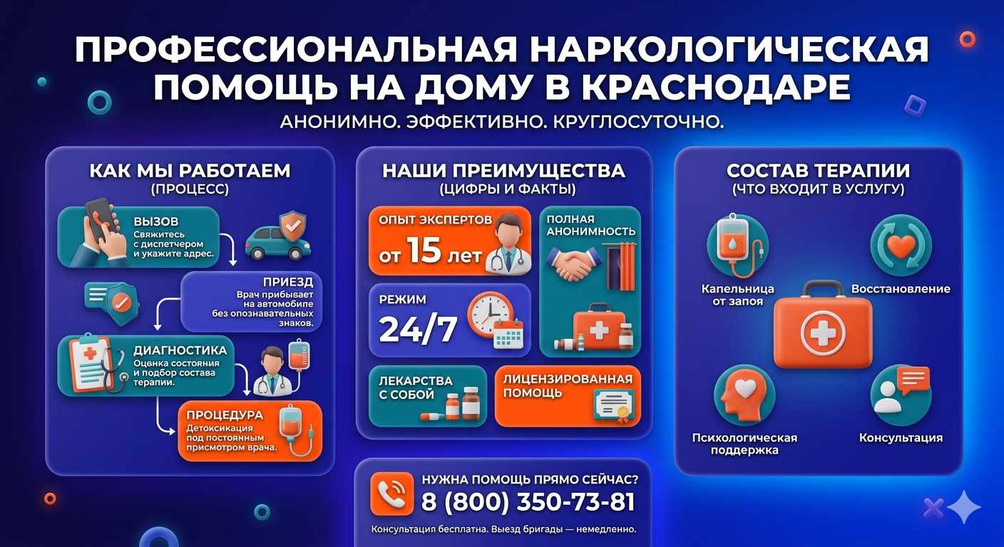 Инфографика о принципах лечения алкоголизма на дому в Губахе: этапы вызова нарколога, преимущества анонимной детоксикации и состав медицинской помощи.